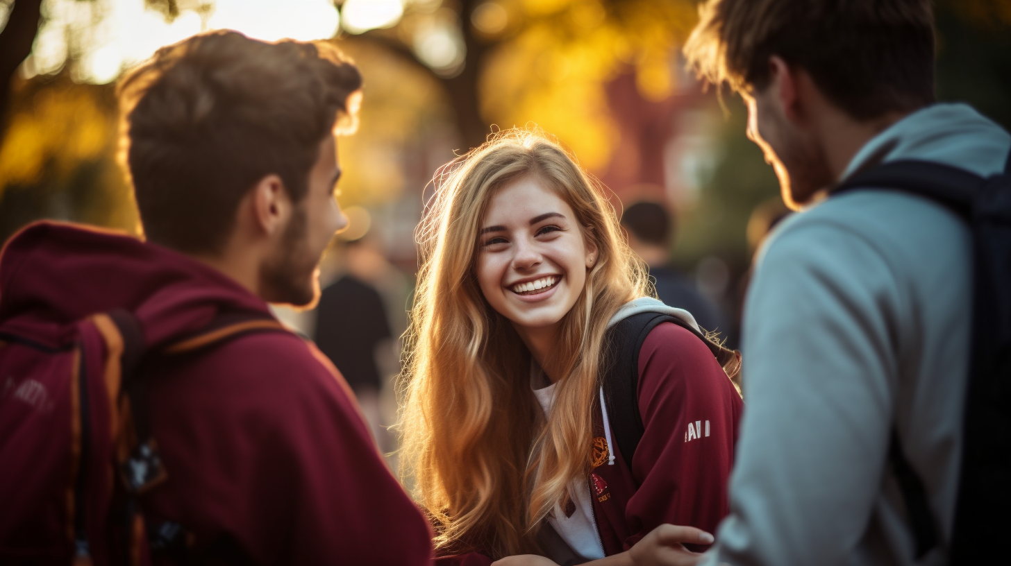 Group of college students socializing outside on campus