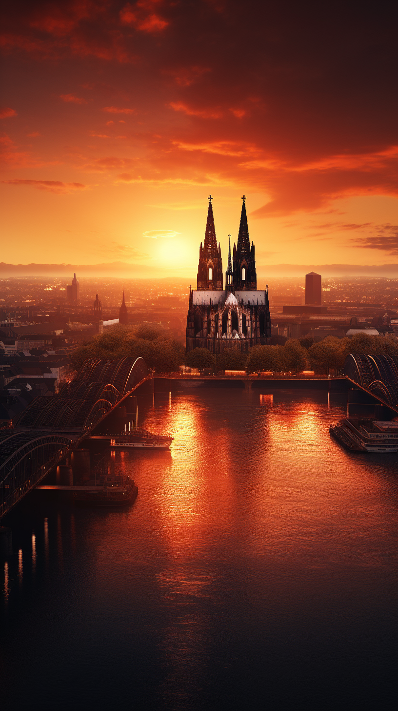 Stunning sunrise view of Cologne Cathedral by the Rhine