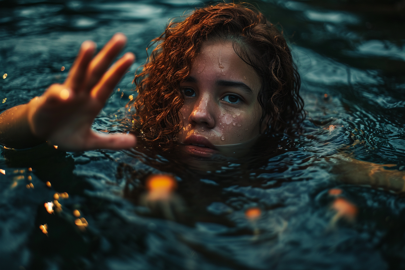 Colombian woman reaching out to touch glowing jellyfish