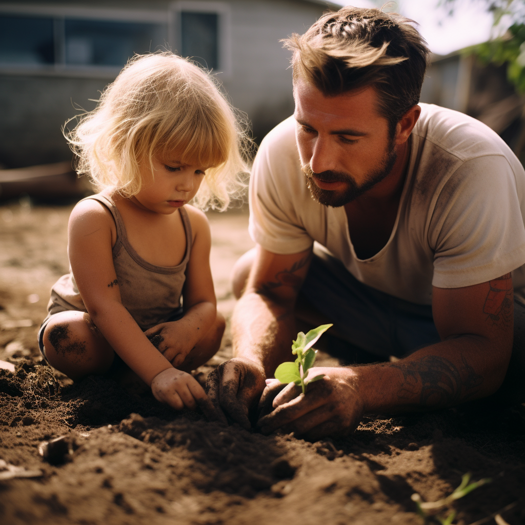 Colombian man and British girl planting a community garden