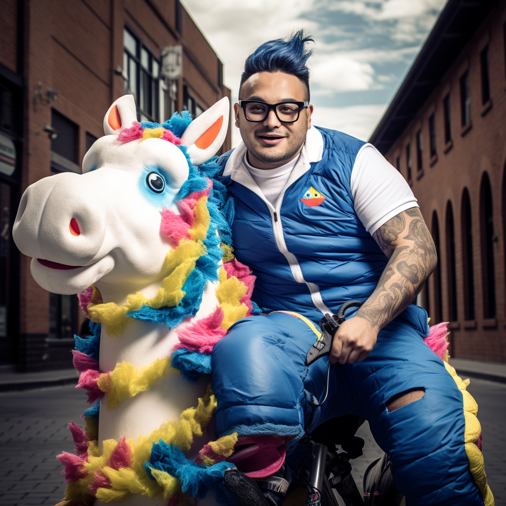 Colombian Cookie Monster riding unicorn through Medellin streets