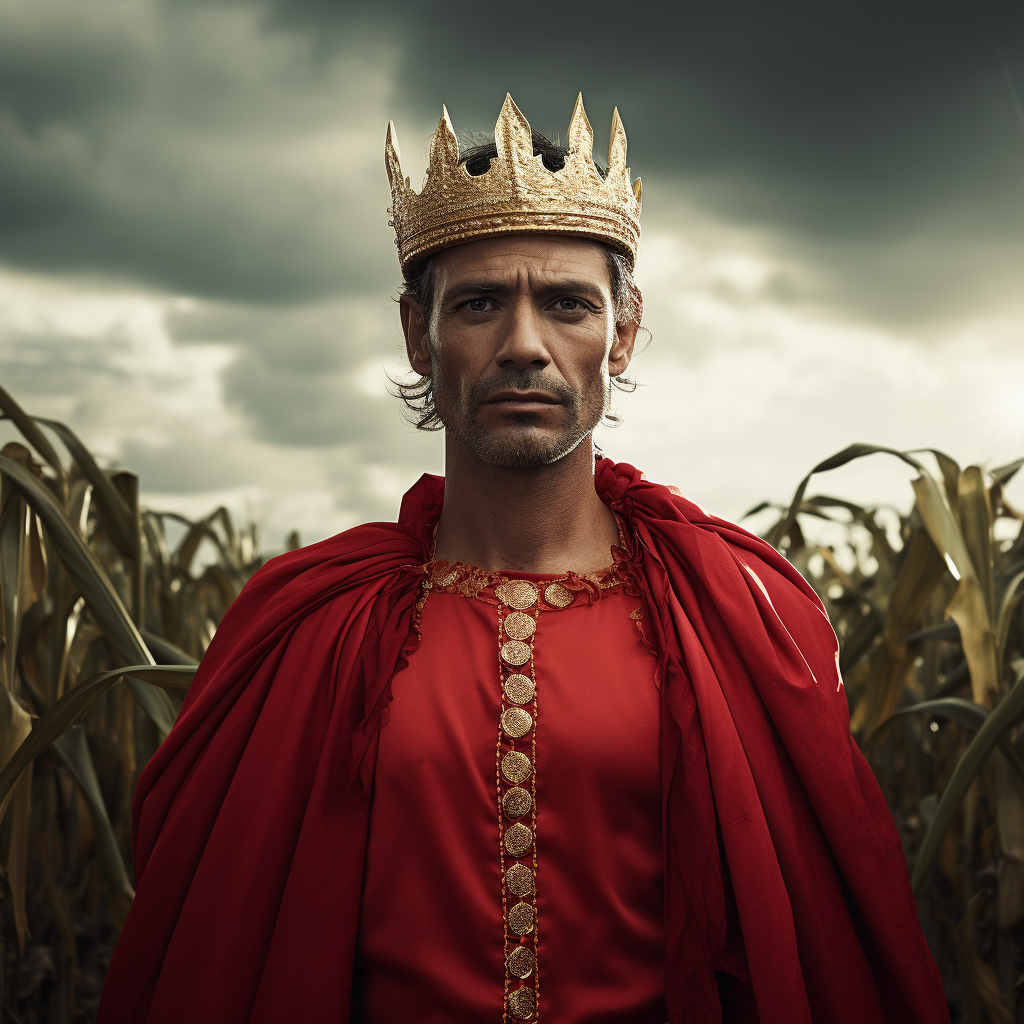 Colombian farmer with red tunic and golden crown