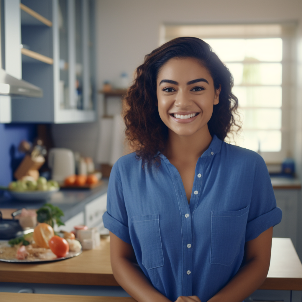 Colombian domestic worker smiling while preparing lunch