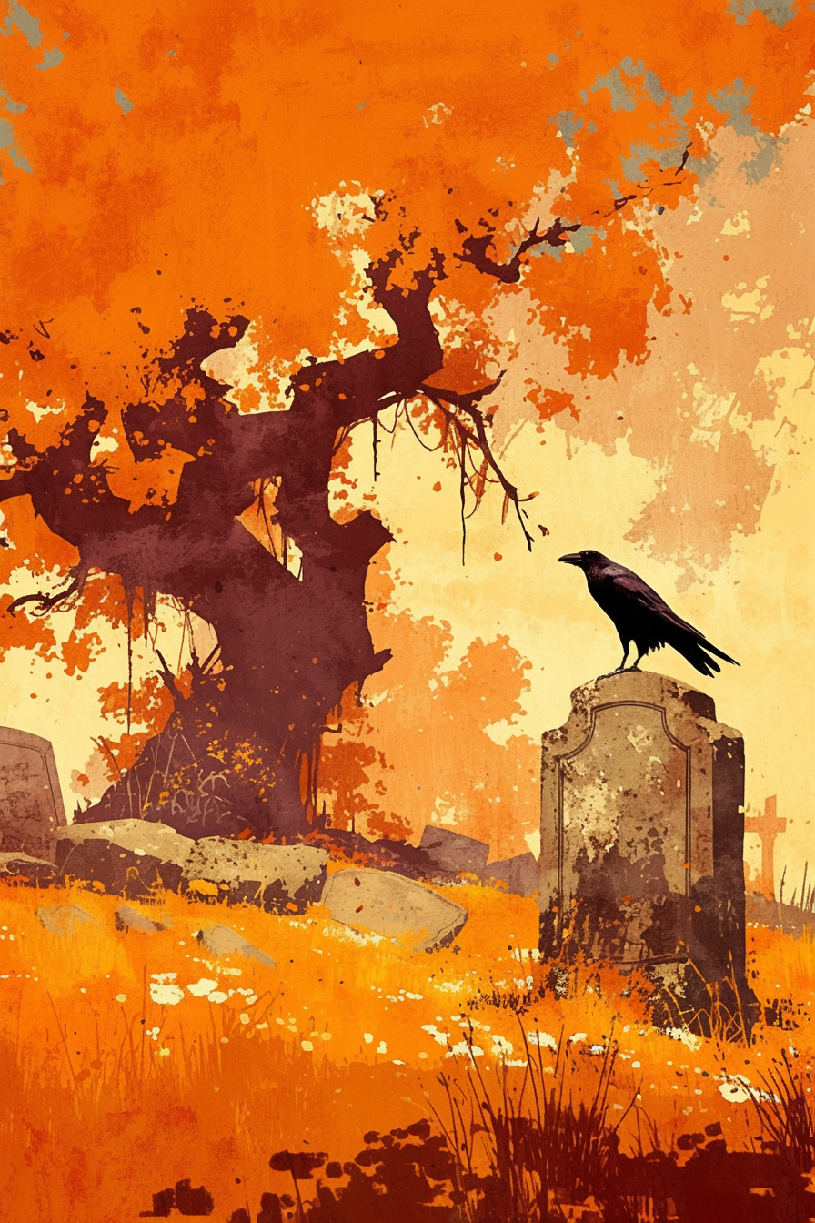 Pumpkin vines and raven scene