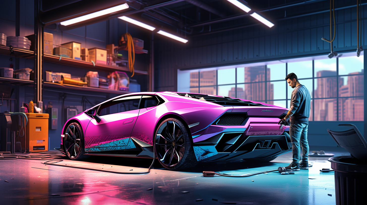 Person applying color-changing wrap to Lamborghini Huracan