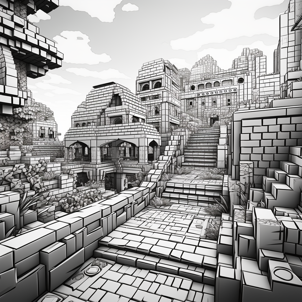 Minecraft scene in black and white