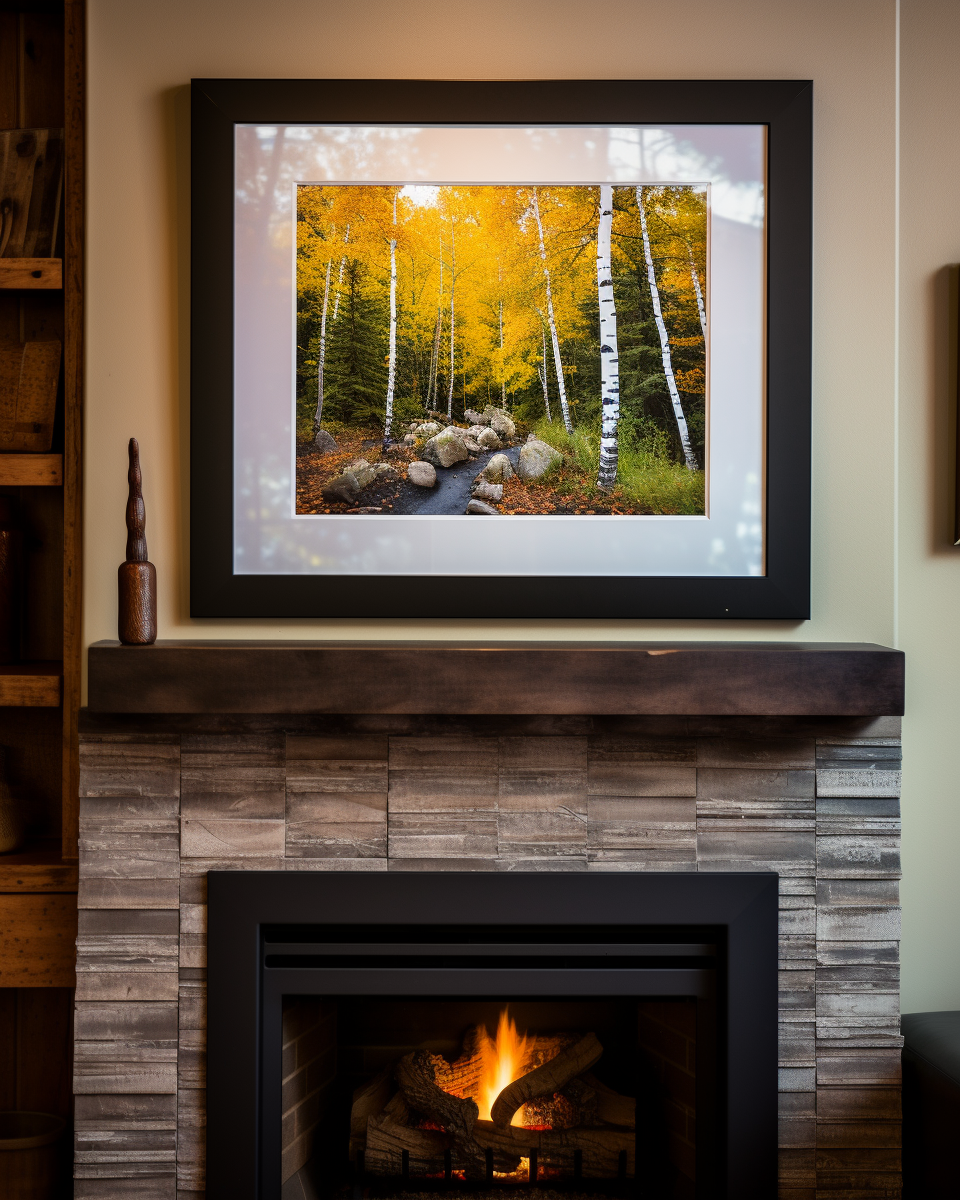 A landscape picture hanging on a wall in a cozy cabin