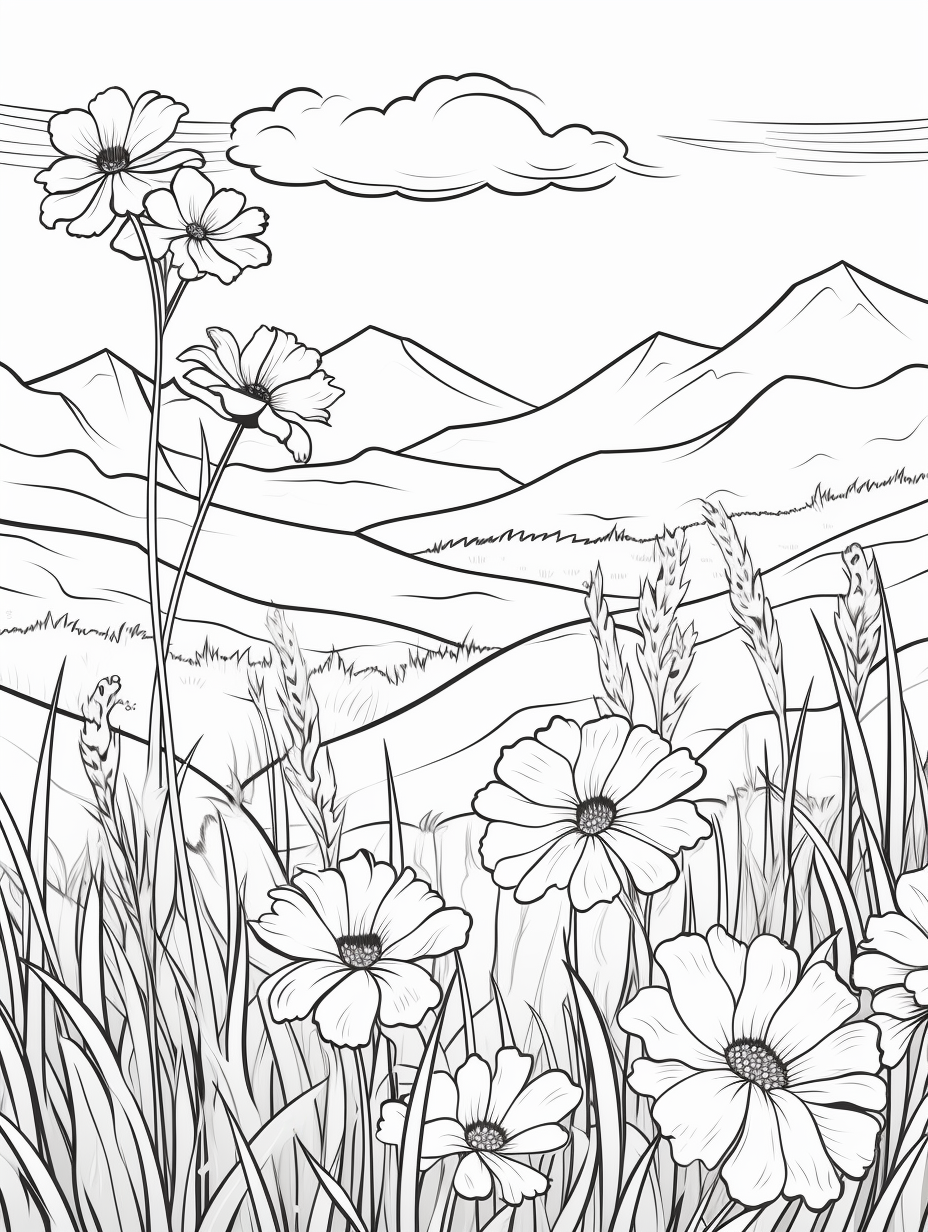 Coloring page of Colorado wildflowers field