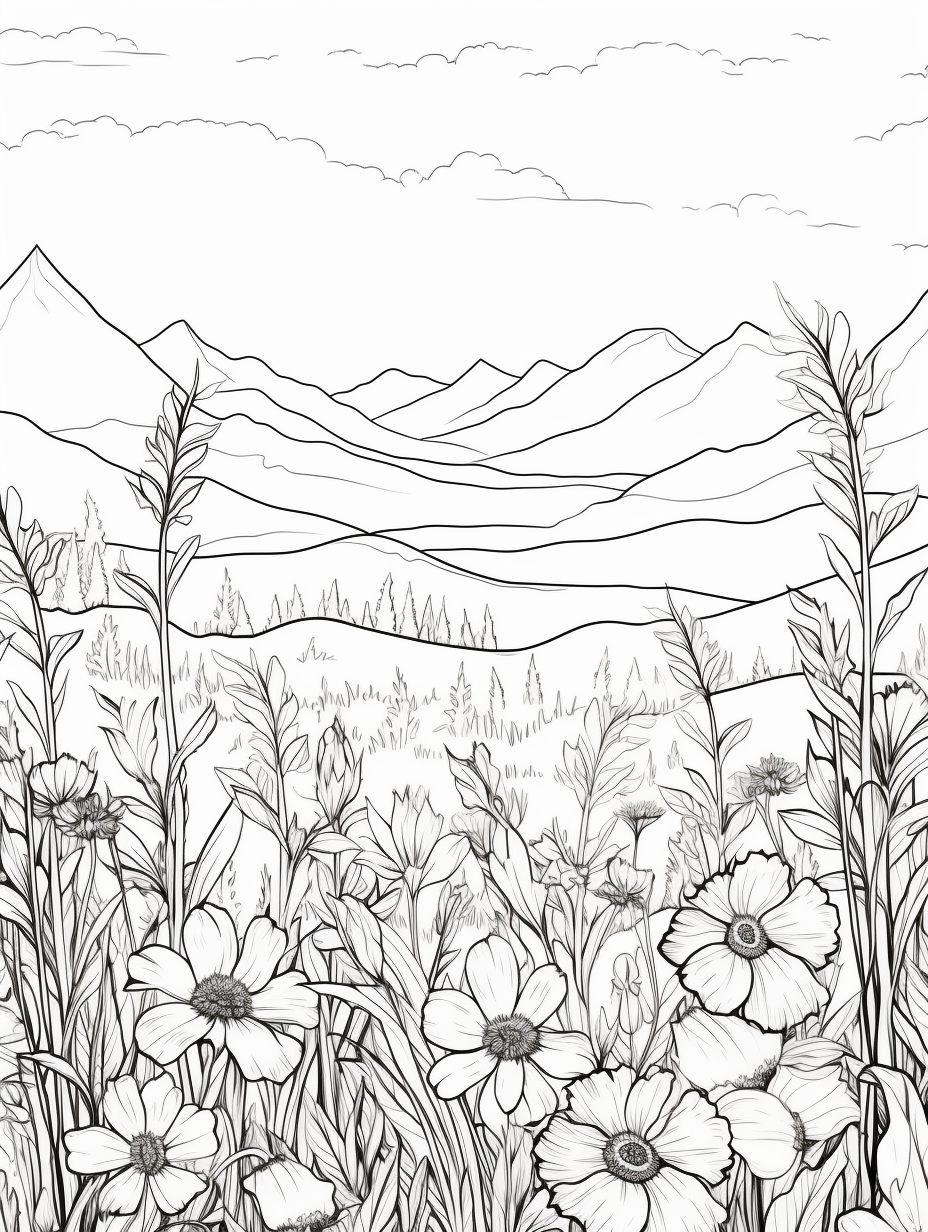 Coloring page of Colorado wildflowers field