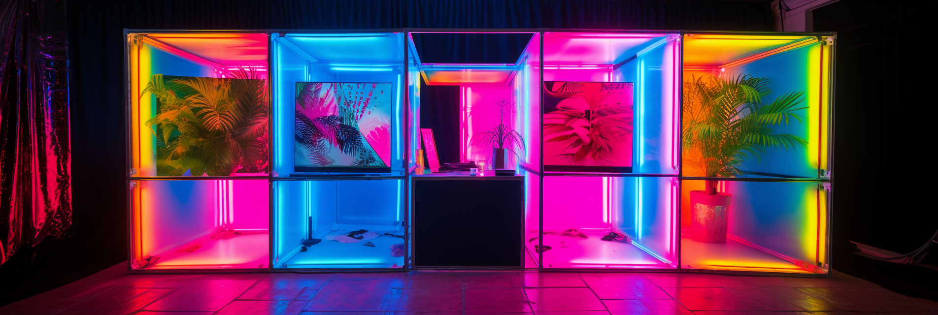 Square photo booth with colored neon lights