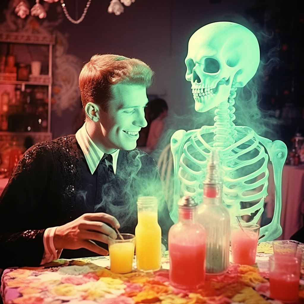 Colorful 1950s Kitsch with Happy Ghost Skeleton Poison