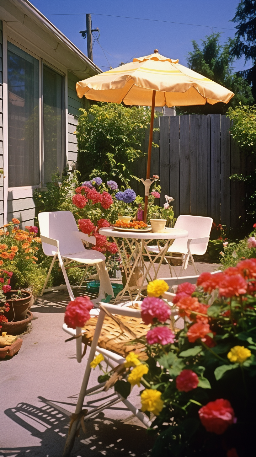 Colorful 1980s garden with outdoor furniture