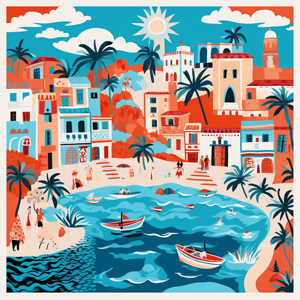 Colorful 70s Ibiza island illustration tile