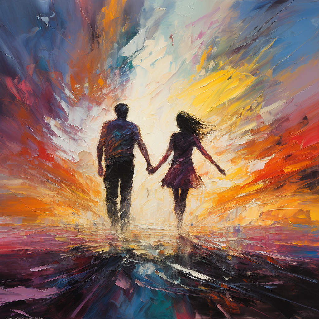 Colorful abstract painting of couple silhouette