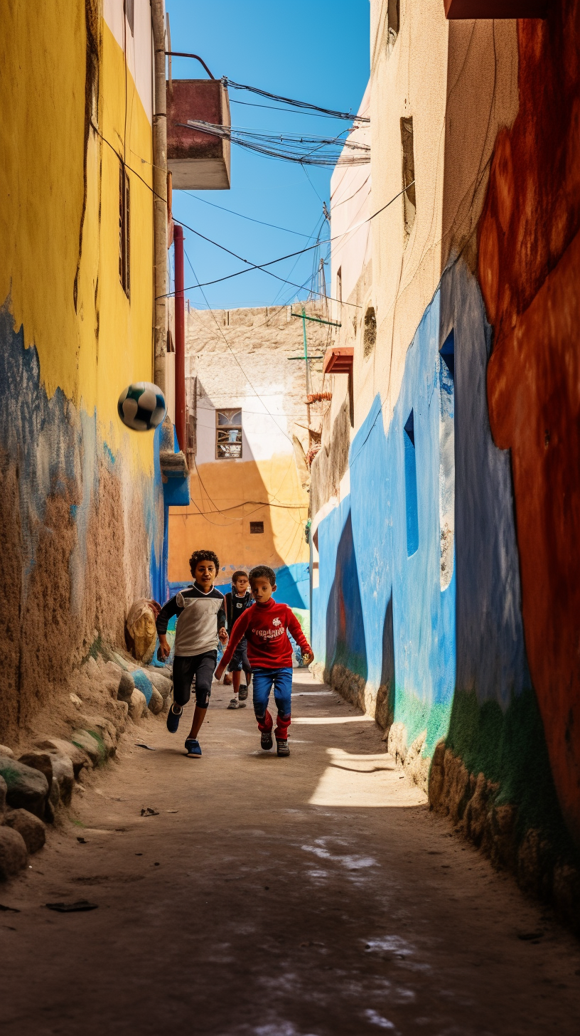 Children playing soccer in a colorful alleyway