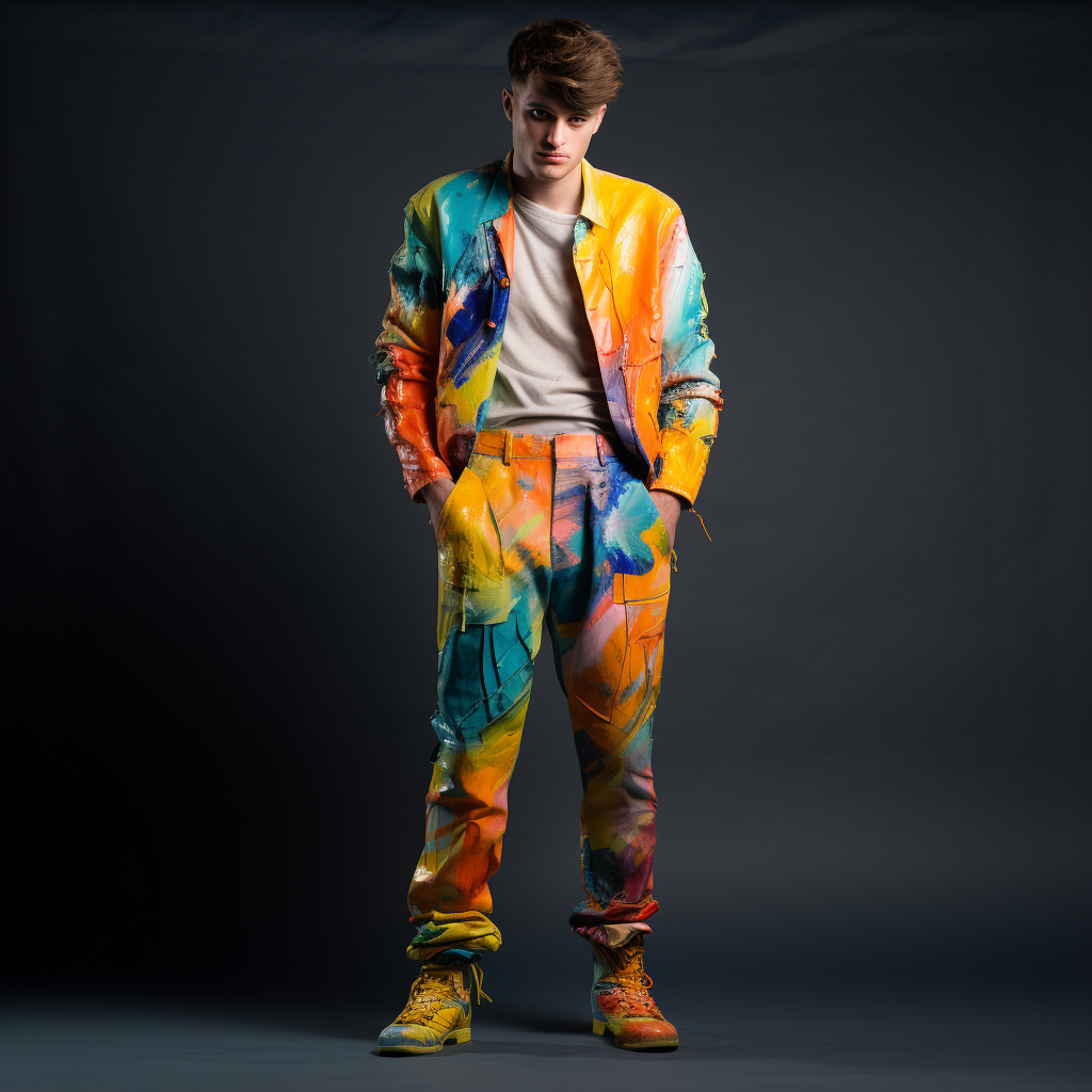 Fashionable man wearing vibrant artistic trousers