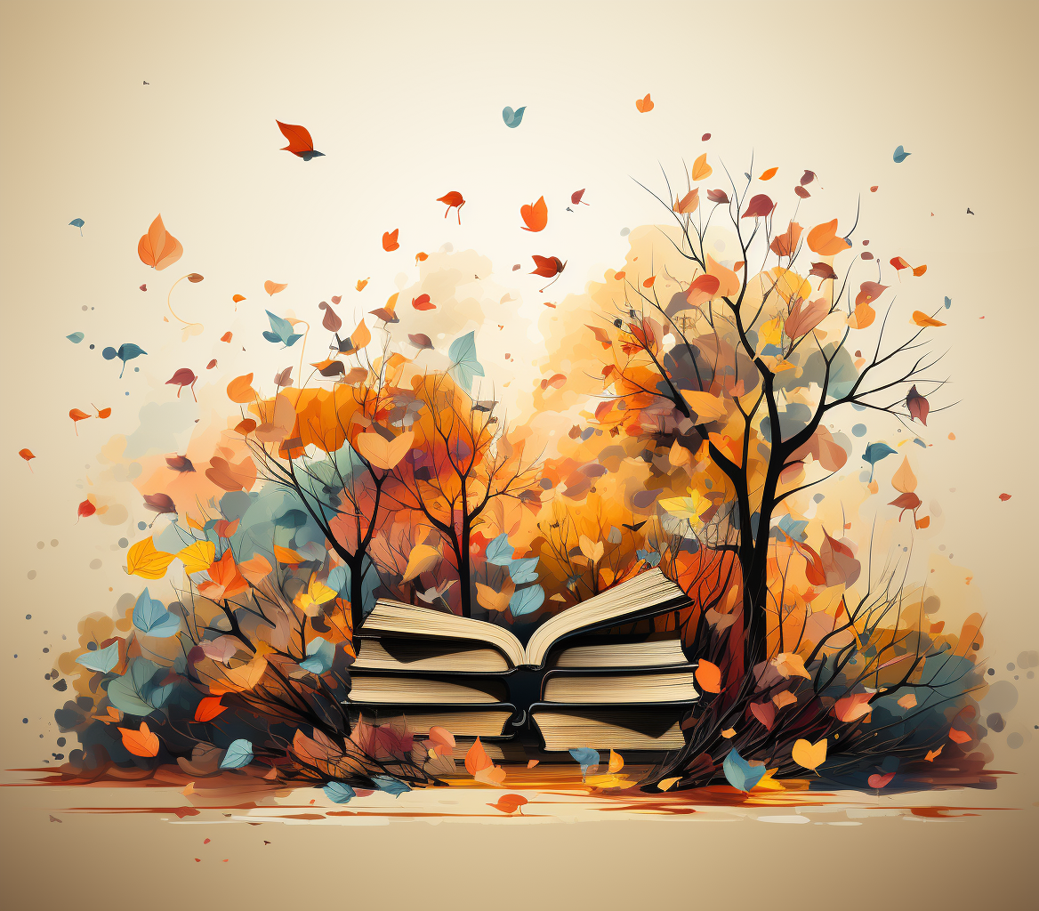 Colorful autumn leaves with books calling