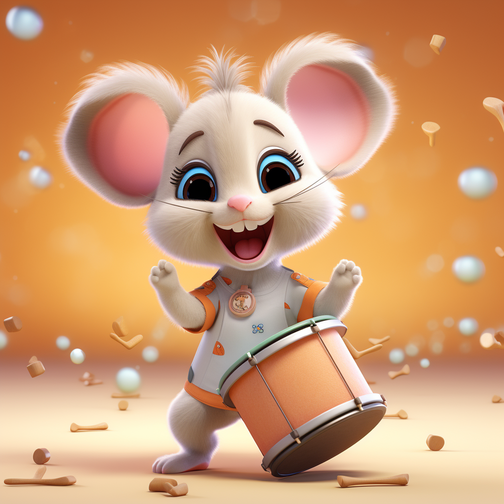 Colorful baby mouse drumming on a drum