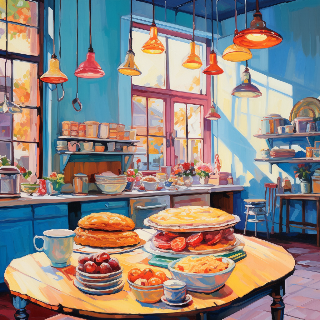 Colorful Bakery Kitchen with Lamp, Bread, and Cake