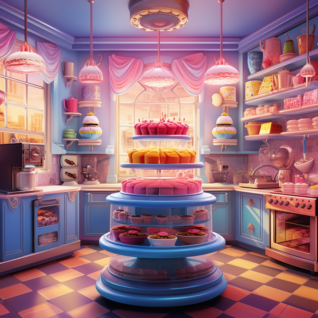 Colorful bakery kitchen with bread and cake