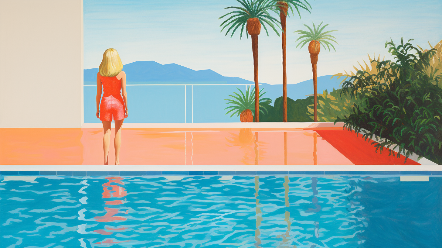 Colorful art print of a woman on a beach pool surrounded by palms