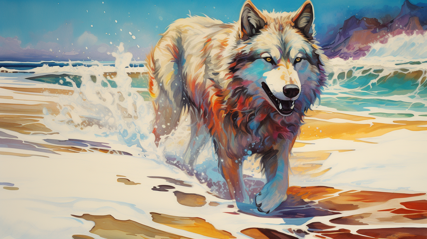 Running wolf on colorful beach