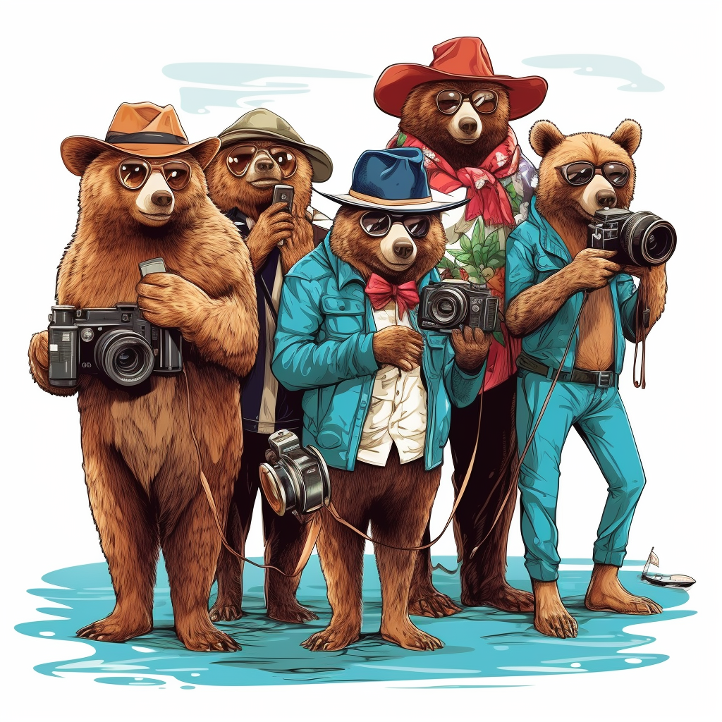 Colorful Bears Holding Soda and Telescope