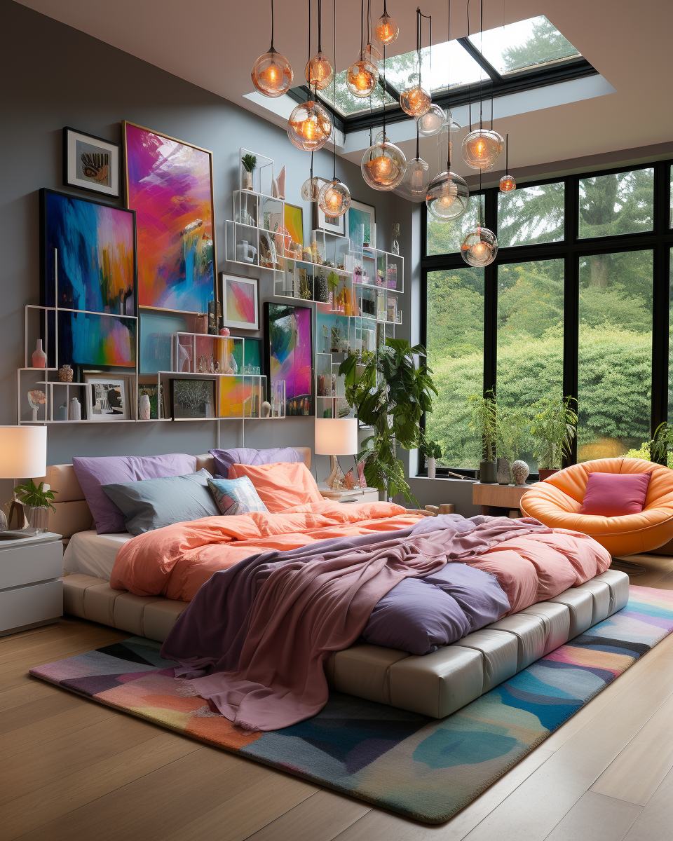 Colorful bedroom with vibrant rug