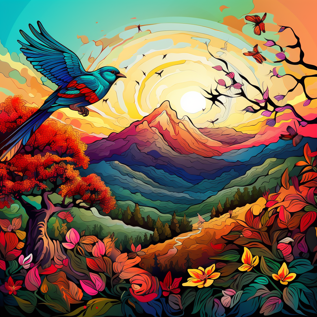 Colorful Bird on Tree with Mountain Background