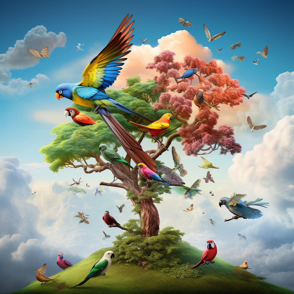 Colorful Birds on Healthy Tree