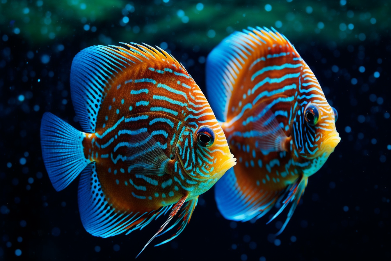 Colorful blue discus fishes swimming underwater