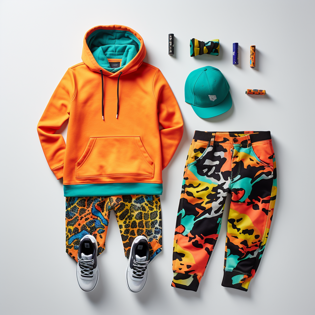 Colorful streetwear set with bold patterns