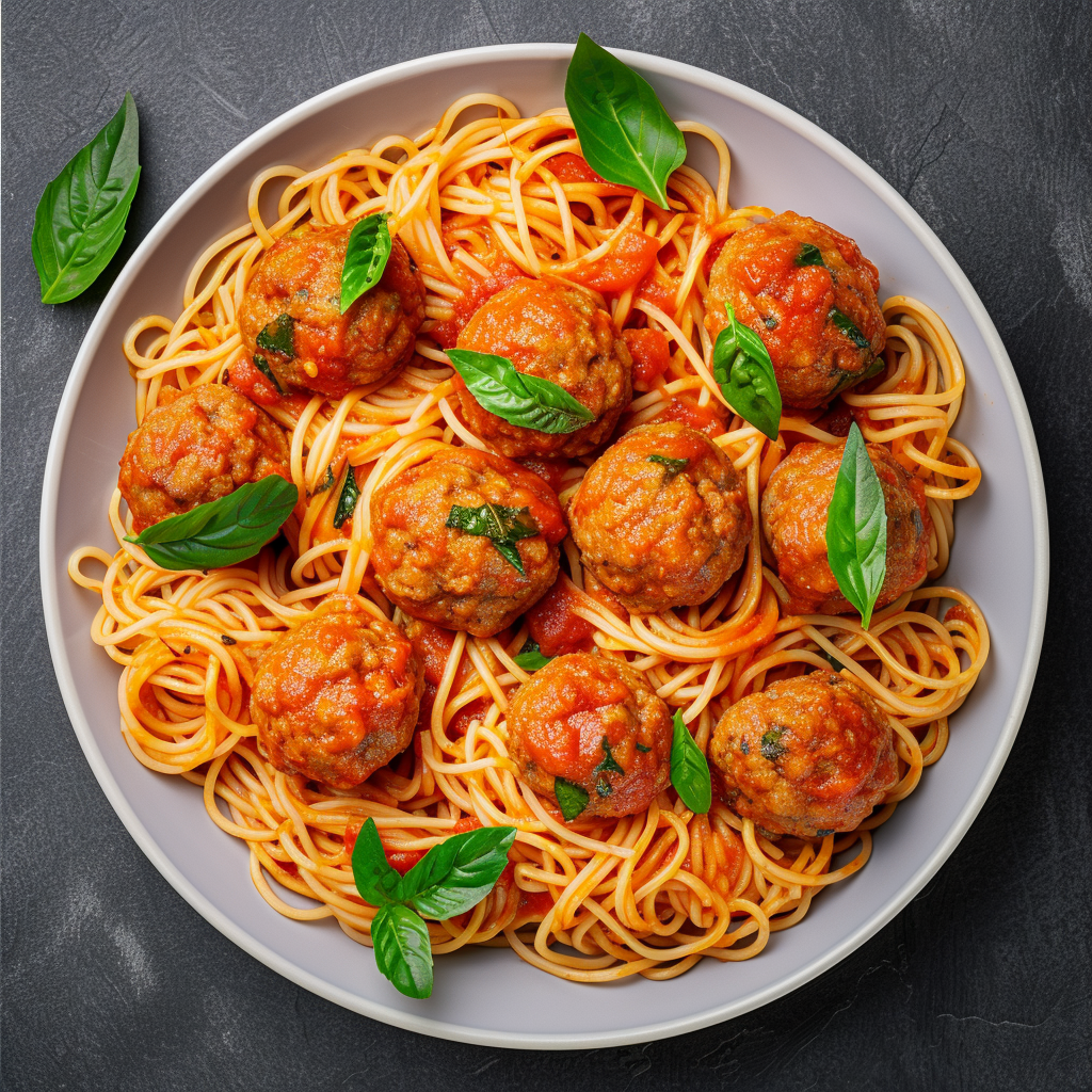 Colorful bright kids noodles with meatballs