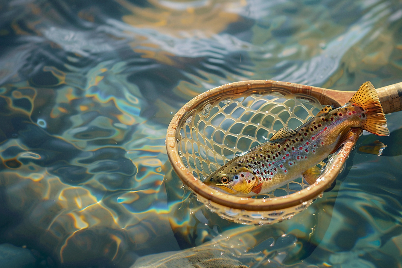 Colorful brown trout in wooden net