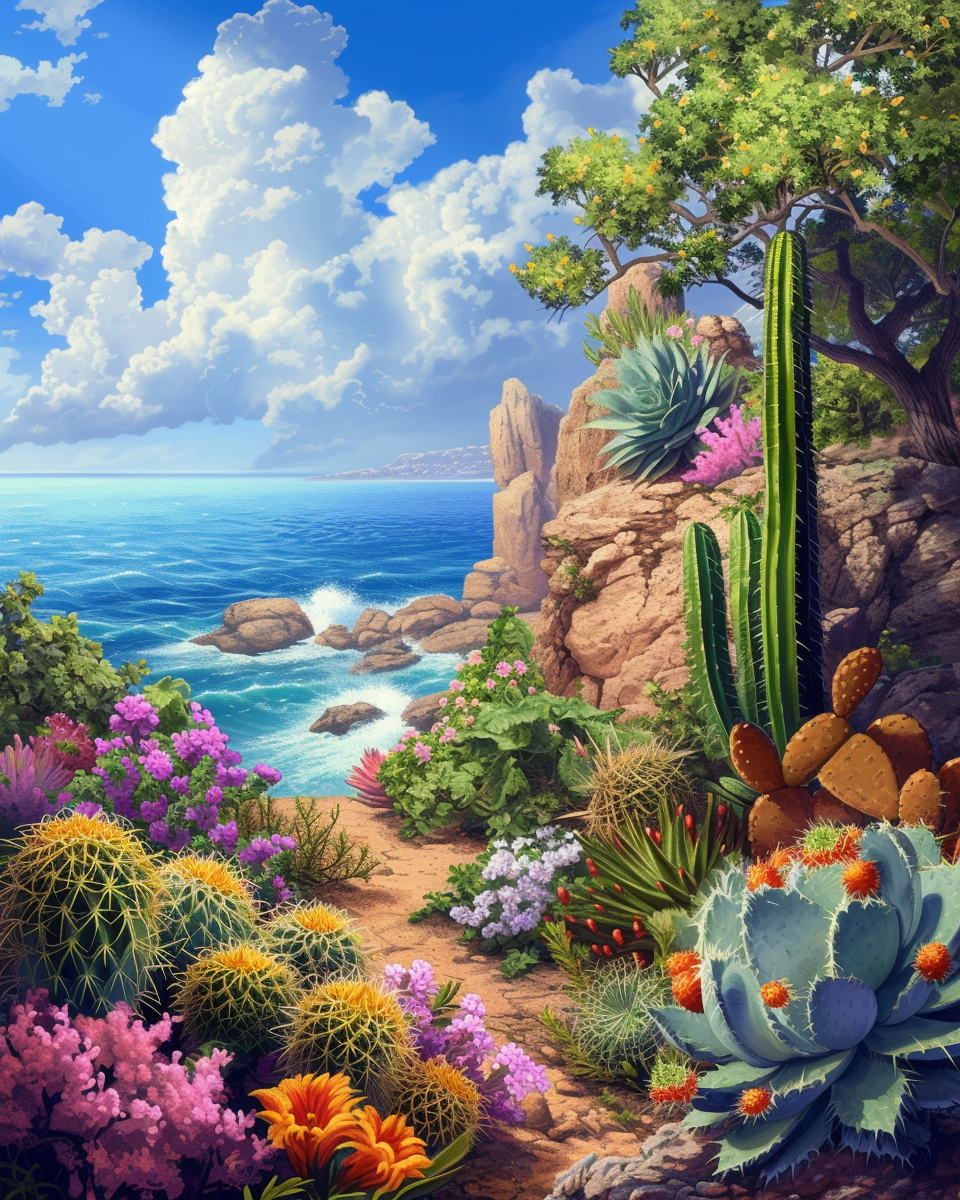 Colorful Cactus on Ocean Cliff