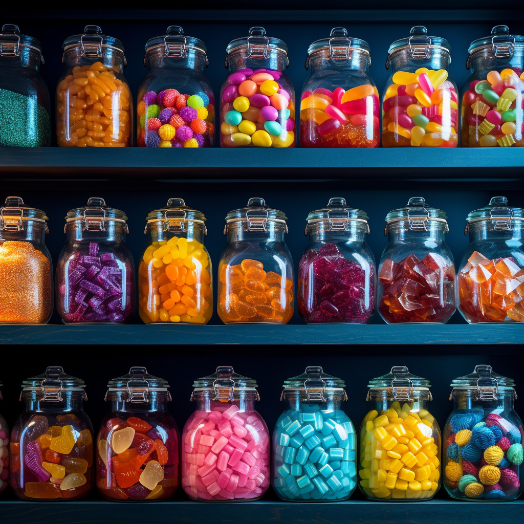 Colorful candy jars neatly organized on shelf