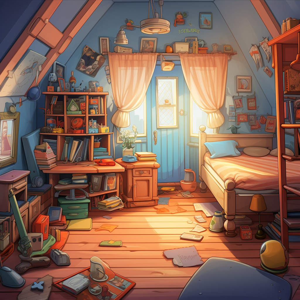 Cartoon illustration of a colorful child's bedroom