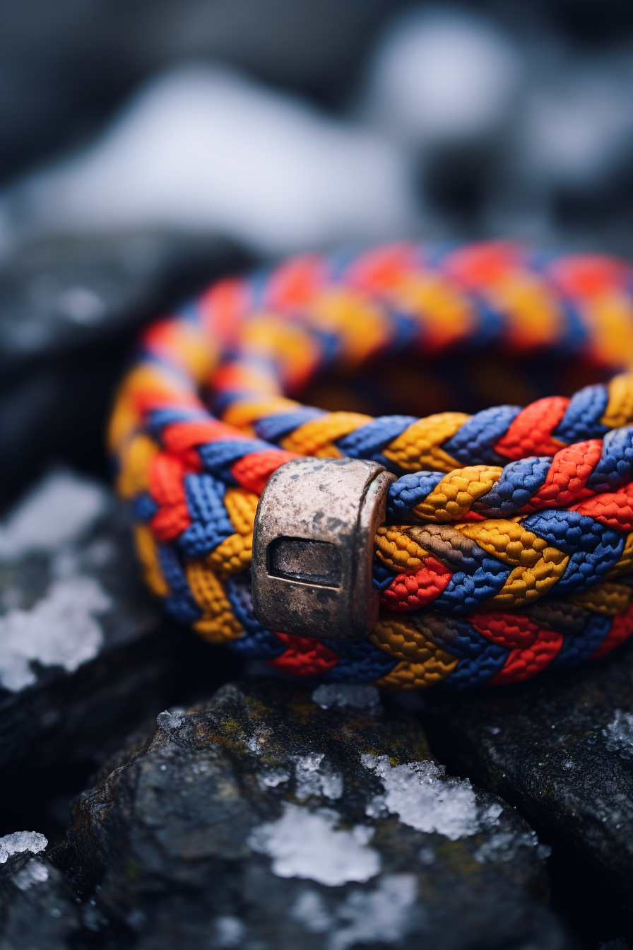 Vibrant climbing rope on stone, surrounded by wood, leaves, and mountains