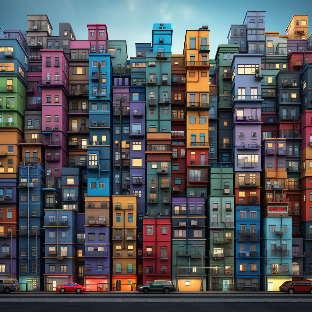 Colorful closet skyscrapers in urban scene