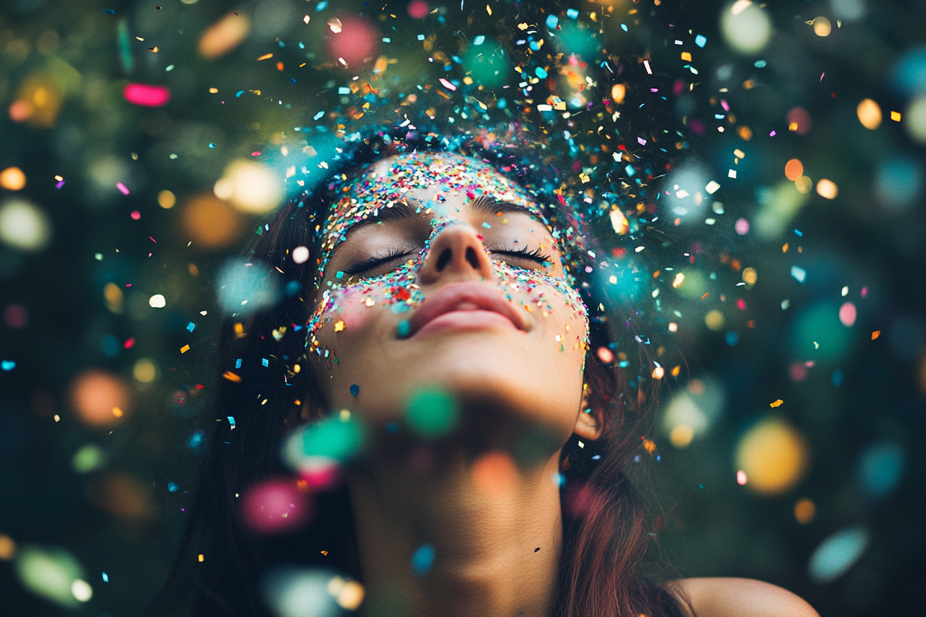 Woman with Colorful Confetti Explosion