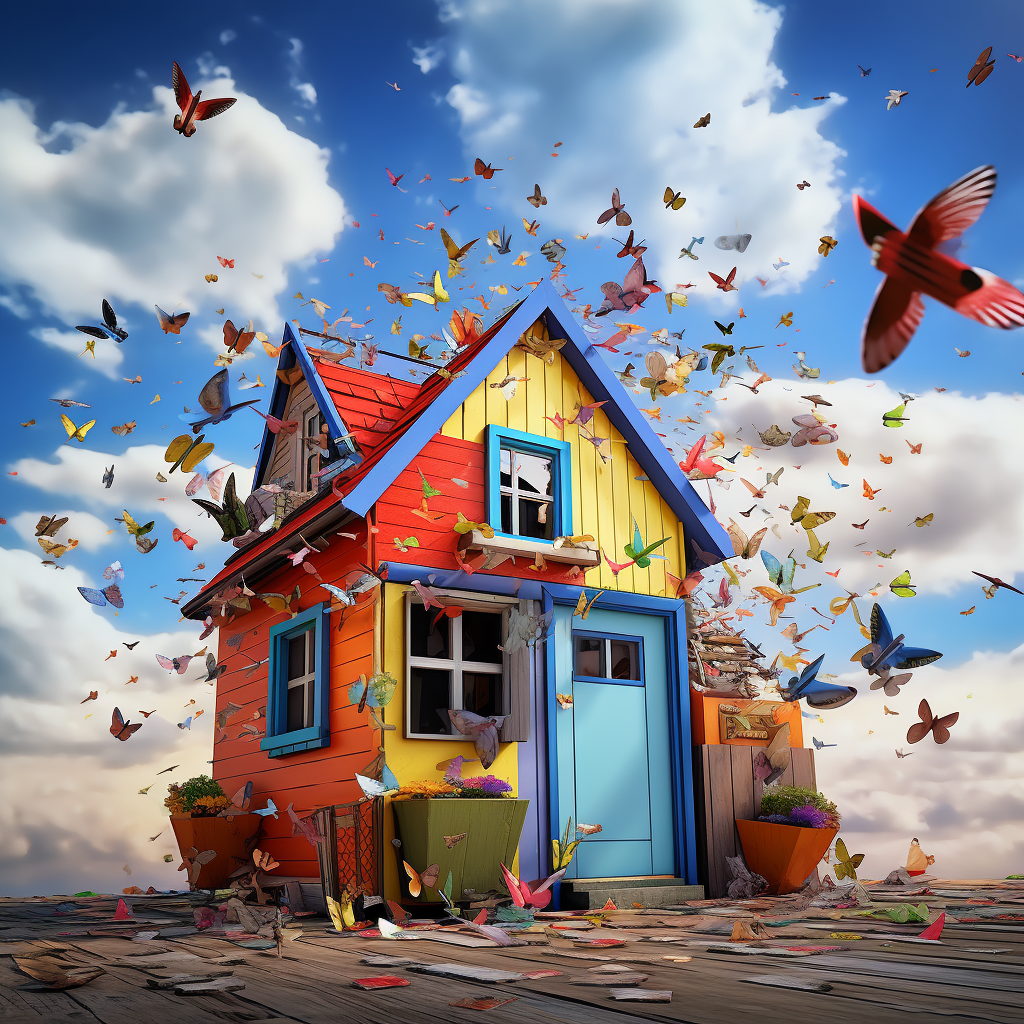 Colorful crooked house with butterflies and birds