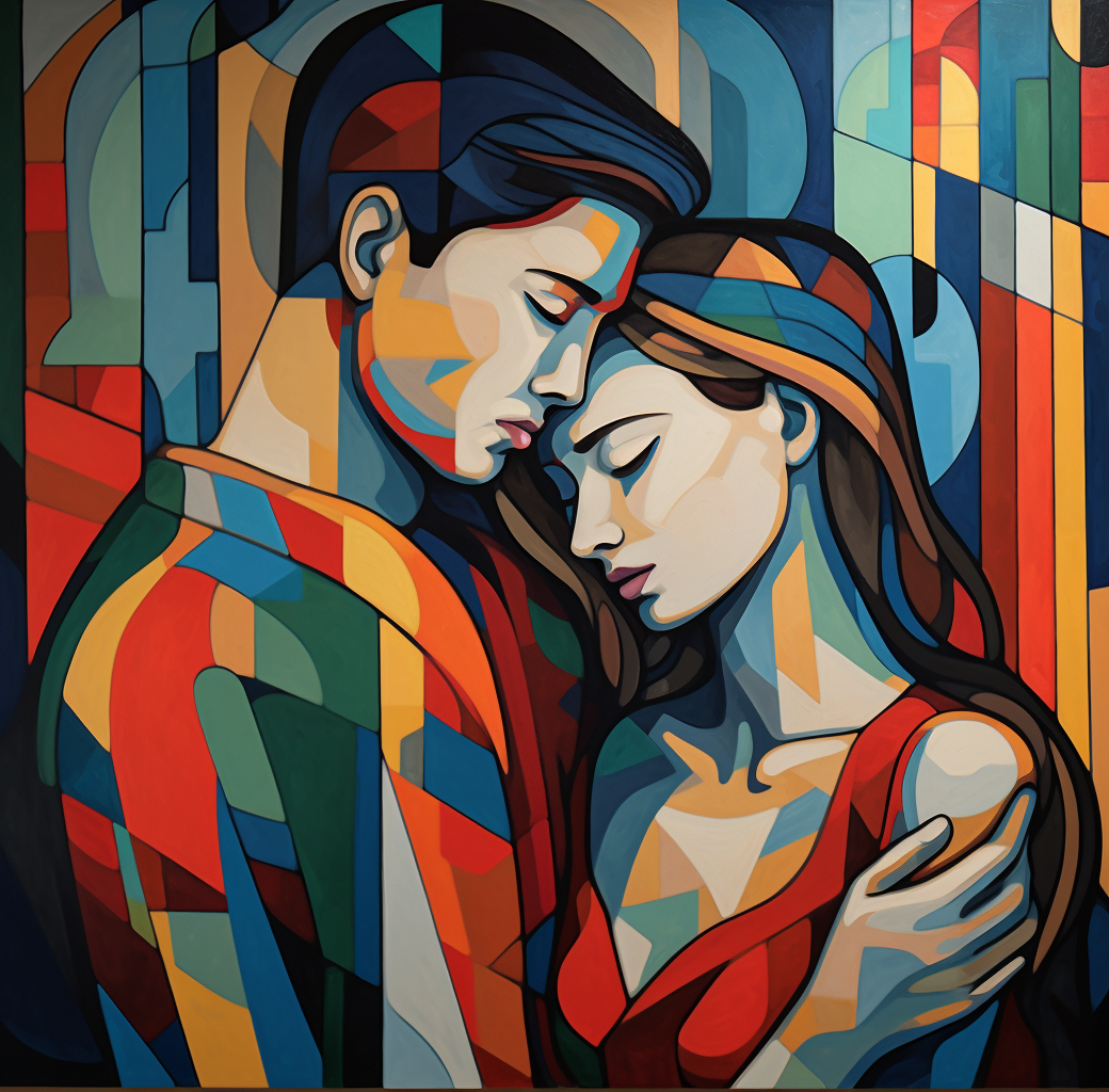 Couple hugging in colorful cubism style