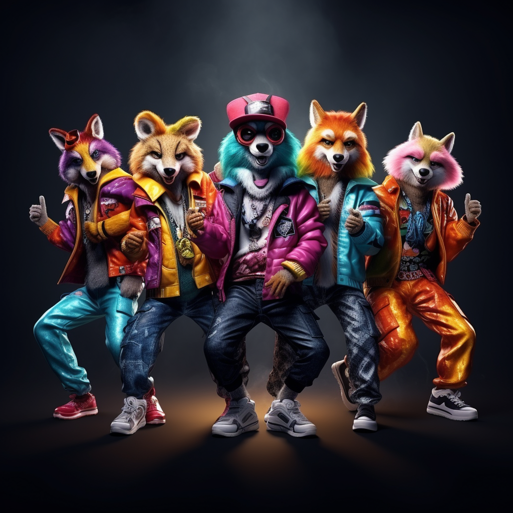 Furries dancing in colorful costumes