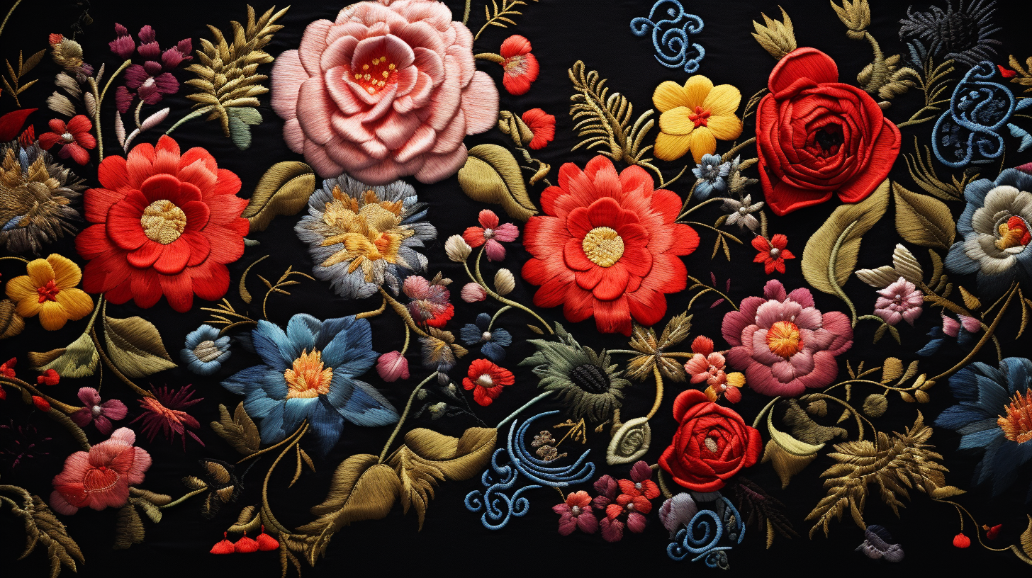 Beautiful embroidered fabric with colorful flowers