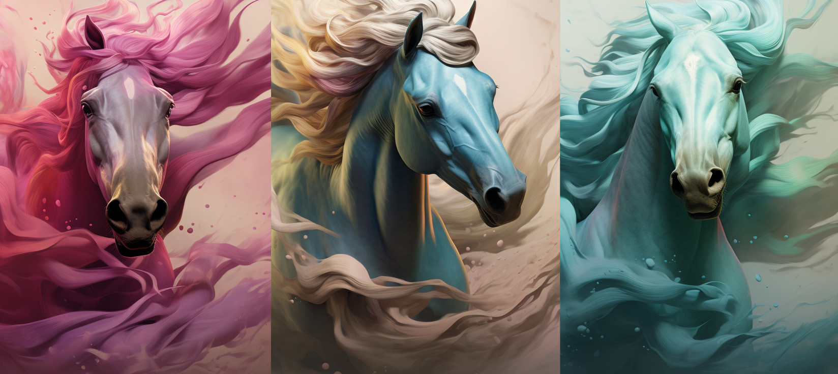 Vibrant swirling horses in dynamic action scenes