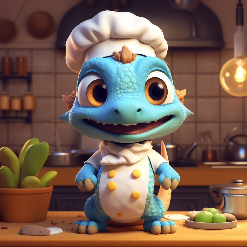 Cute dinosaur chef baking cookies