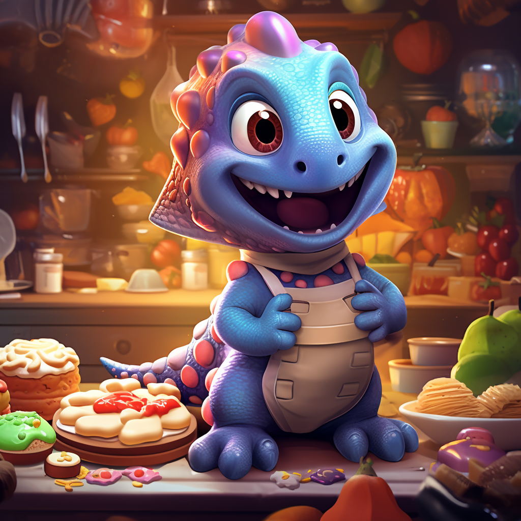 Cute dinosaur chef baking cookies