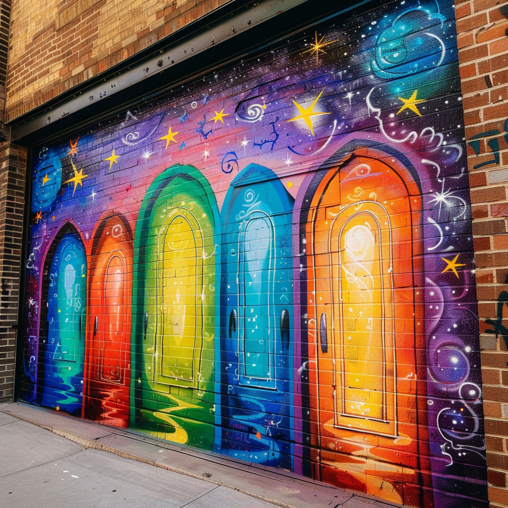 Colorful mural with multiple doorways