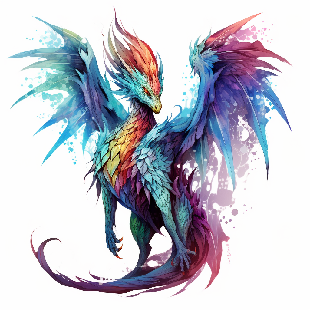 Colorful dragon with feathers, full body, feminine and cute