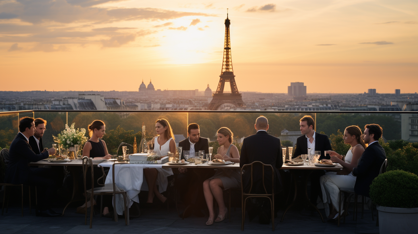 Guests enjoying rooftop dinner